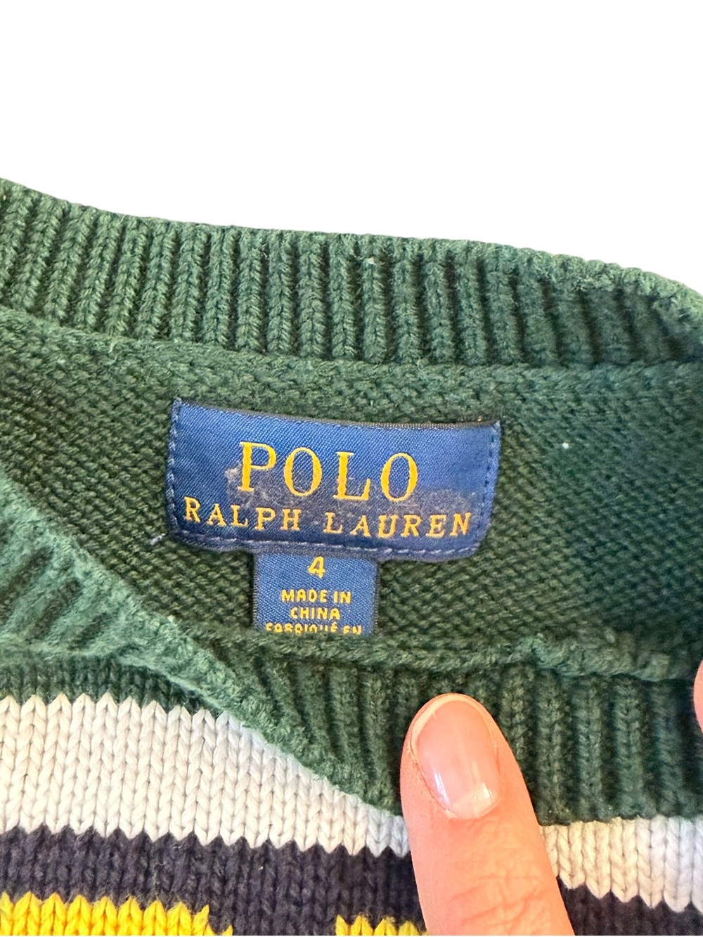 Polo by Ralph Lauren Green Knit Sweater with Yellow Logo and Navy Stripe 4T - Picture 3 of 3